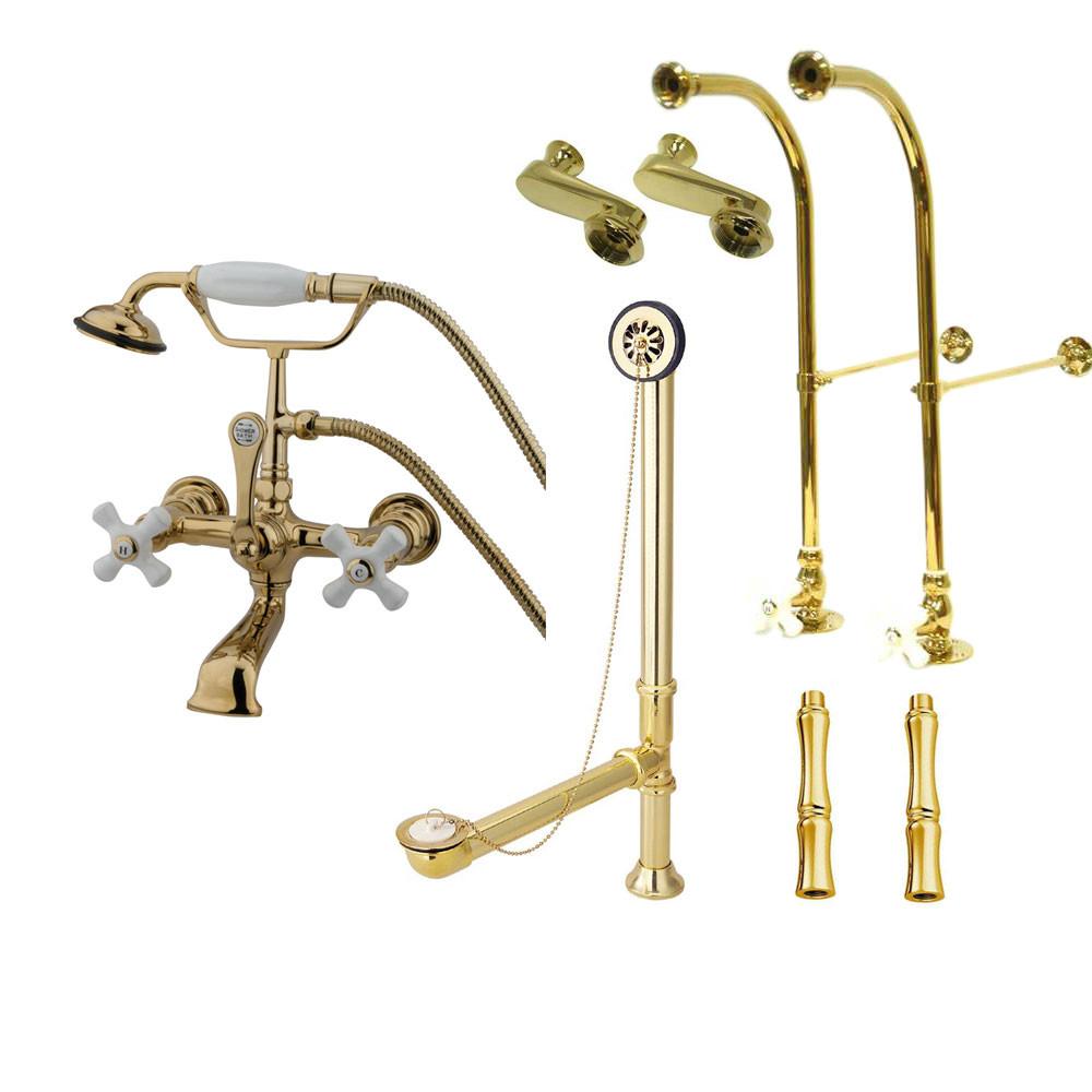 Freestanding Floor Mount Polished Brass White Porcelain Cross Handle Clawfoot Tub Filler Faucet with Hand Shower Package 559T2FSP