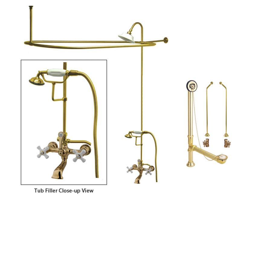 Polished Brass Clawfoot Bath Tub Faucet Shower Kit with Enclosure Curtain Rod 559T2CTS