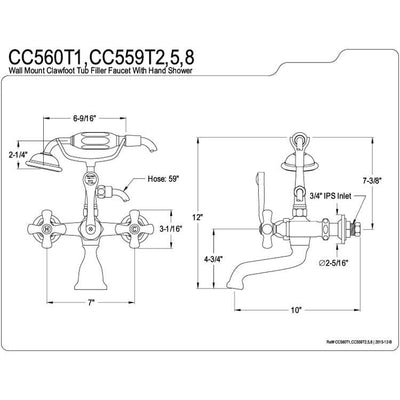 Kingston Brass Satin Nickel Wall Mount Clawfoot Tub Faucet w Hand Shower CC559T8