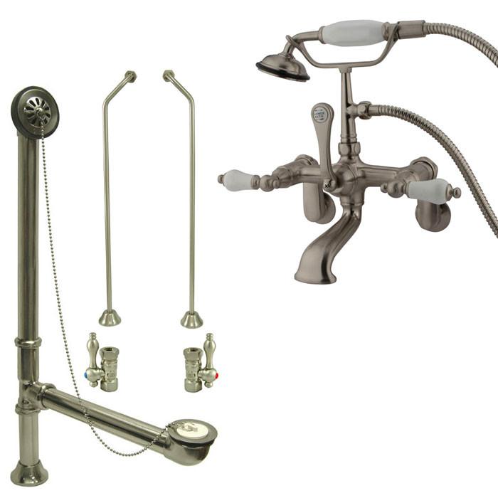 Satin Nickel Wall Mount Clawfoot Bath Tub Filler Faucet w Hand Shower Package CC55T8system