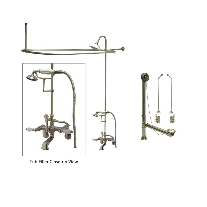 Satin Nickel Clawfoot Tub Shower Faucet Kit with Enclosure Curtain Rod 55T8CTS