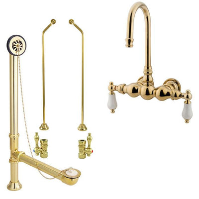 Polished Brass Wall Mount Clawfoot Bathtub Faucet Package Supply Lines & Drain CC5T2system