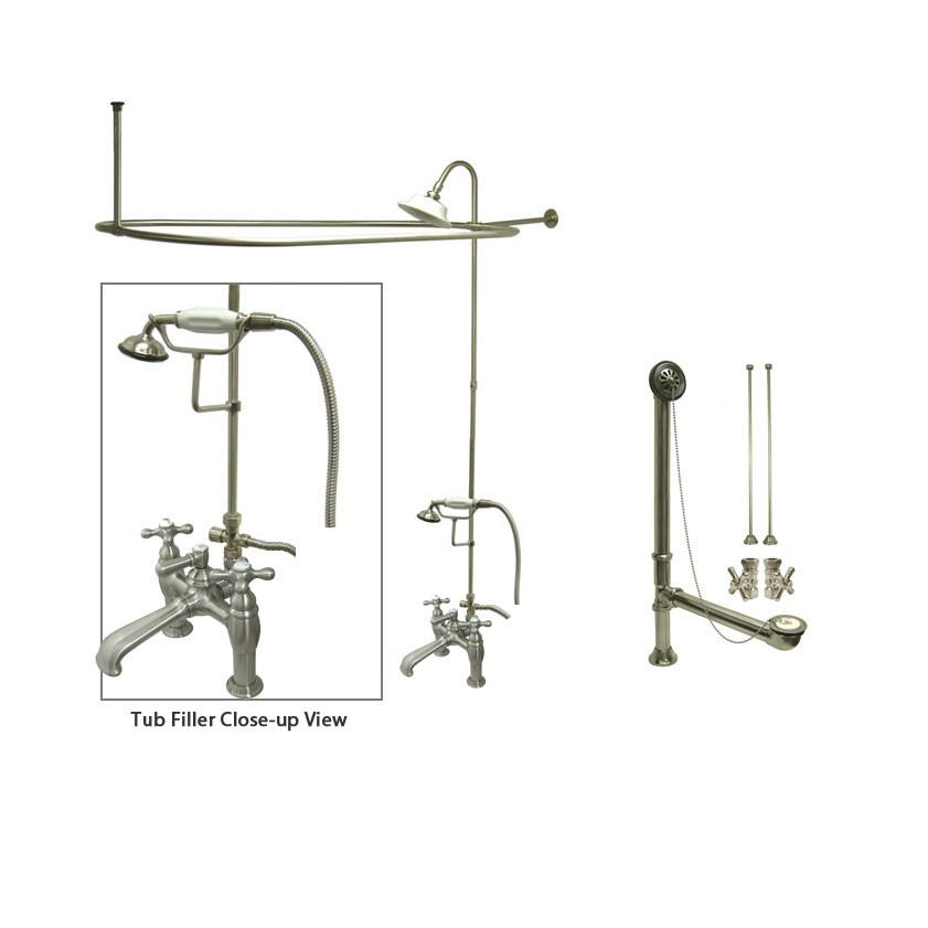 Satin Nickel Clawfoot Tub Faucet Shower Kit with Enclosure Curtain Rod 609T8CTS