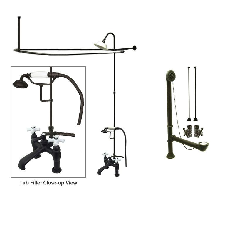 Oil Rubbed Bronze Clawfoot Tub Faucet Shower Kit with Enclosure Curtain Rod 611T5CTS