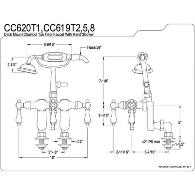 Kingston Polished Brass Deck Mount Clawfoot Tub Faucet with Hand Shower CC619T2