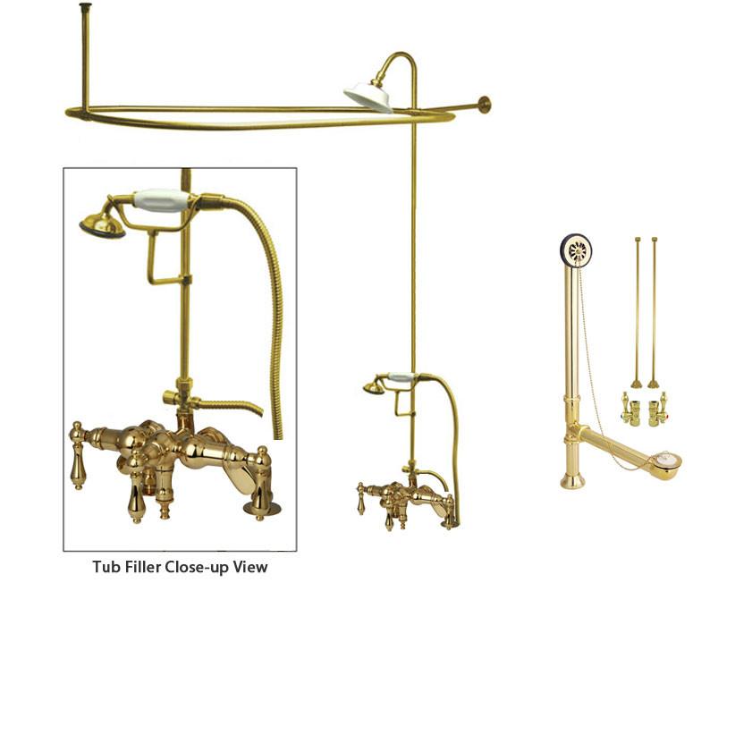 Polished Brass Clawfoot Tub Faucet Shower Kit with Enclosure Curtain Rod 619T2CTS