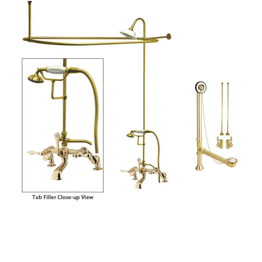 Polished Brass Clawfoot Tub Faucet Shower Kit with Enclosure Curtain Rod 651T2CTS