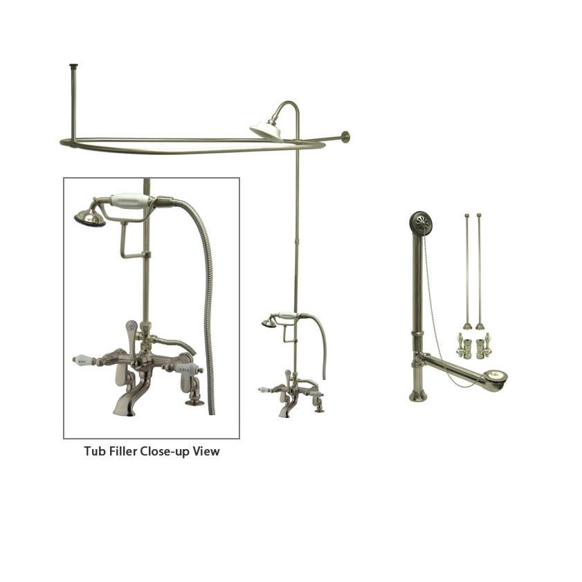 Satin Nickel Clawfoot Tub Shower Faucet Kit with Enclosure Curtain Rod 653T8CTS