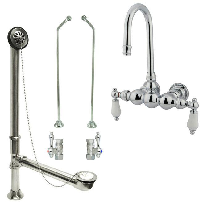 Chrome Wall Mount Clawfoot Bathtub Filler Faucet Package Supply Lines & Drain CC6T1system