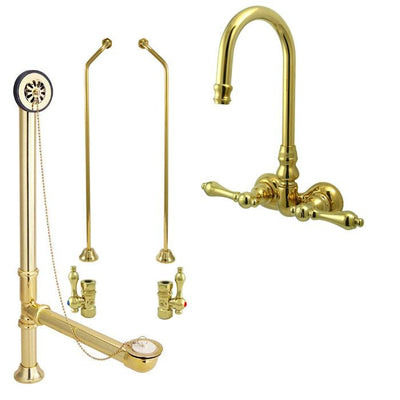 Polished Brass Wall Mount Clawfoot Tub Faucet Package Supply Lines & Drain CC71T2system