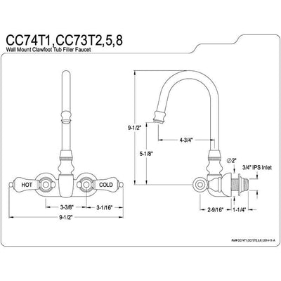 Kingston Brass Polished Brass Wall Mount Clawfoot Tub Filler Faucet CC73T2