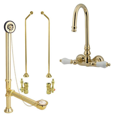 Polished Brass Wall Mount Clawfoot Tub Faucet Package Supply Lines & Drain CC75T2system