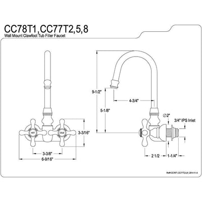 Kingston Brass Polished Brass Wall Mount Clawfoot Tub Filler Faucet CC77T2