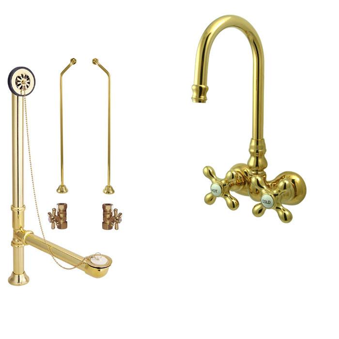 Polished Brass Wall Mount Clawfoot Tub Faucet Package Supply Lines & Drain CC77T2system