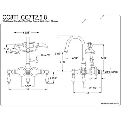 Kingston Polished Brass Wall Mount Clawfoot Tub Faucet with Hand Shower CC7T2