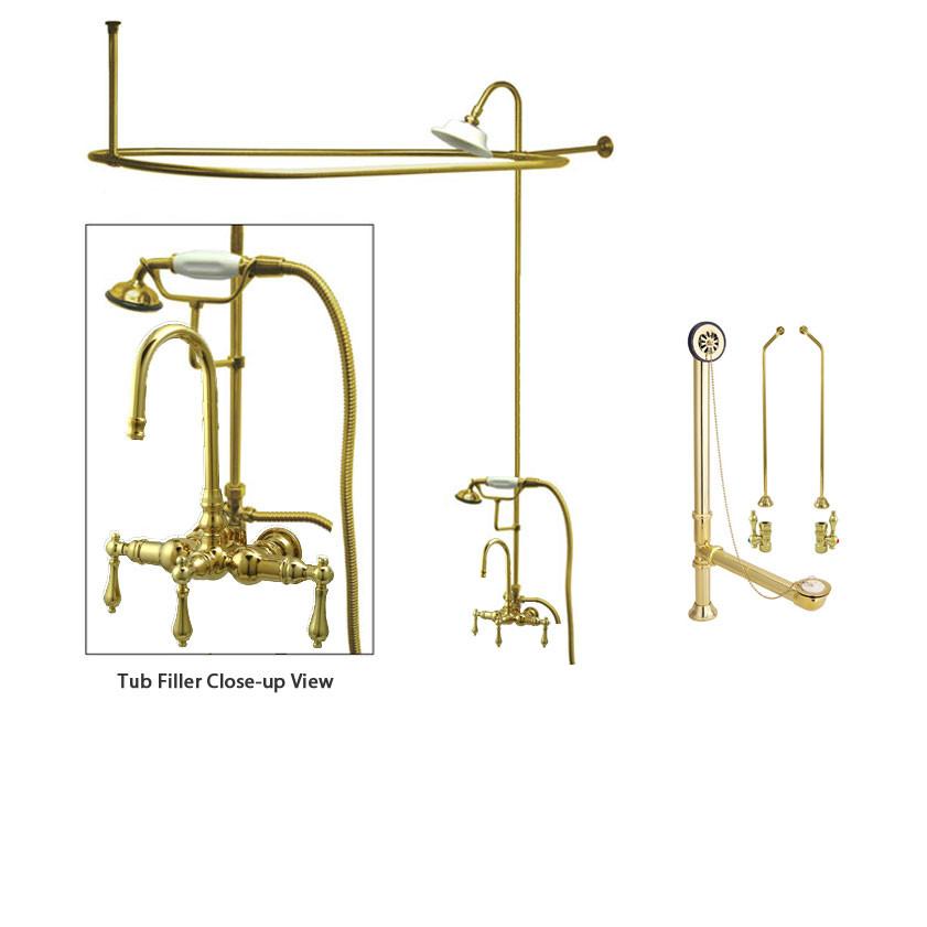 Polished Brass Clawfoot Tub Faucet Shower Kit with Enclosure Curtain Rod 7T2CTS