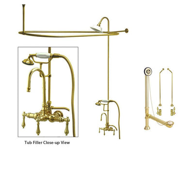 Polished Brass Clawfoot Tub Faucet Shower Kit with Enclosure Curtain Rod 7T2CTS