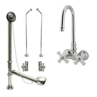 Chrome Wall Mount Clawfoot Tub Filler Faucet Package Supply Lines & Drain CC80T1system