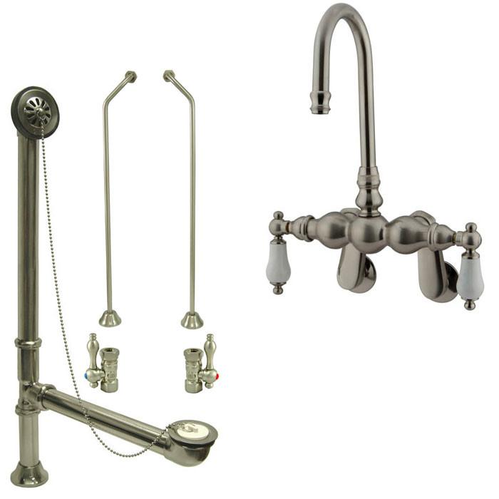 Satin Nickel Wall Mount Clawfoot Bathtub Faucet Package Supply Lines & Drain CC83T8system