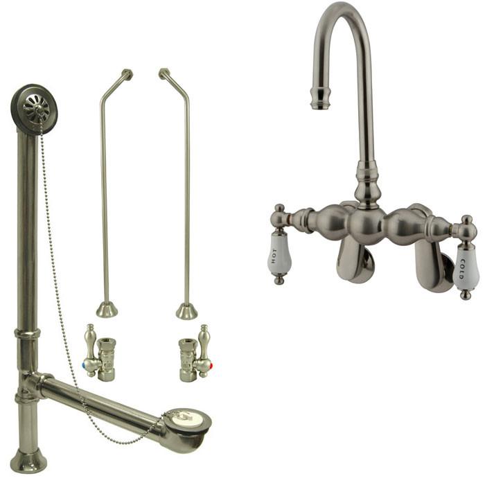 Satin Nickel Wall Mount Clawfoot Bathtub Faucet Package Supply Lines & Drain CC85T8system