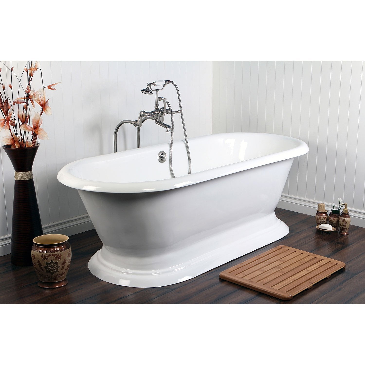 67" Freestanding Tub w/ Satin Nickel Tub Filler Faucet & Hardware Package CTP43