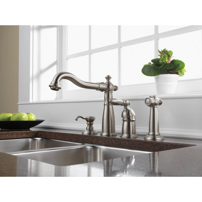 Delta Stainless Steel Victorian Collection Single Handle Kitchen Faucet with Sidespray and Deck Mount Soap Dispenser Package D003CR