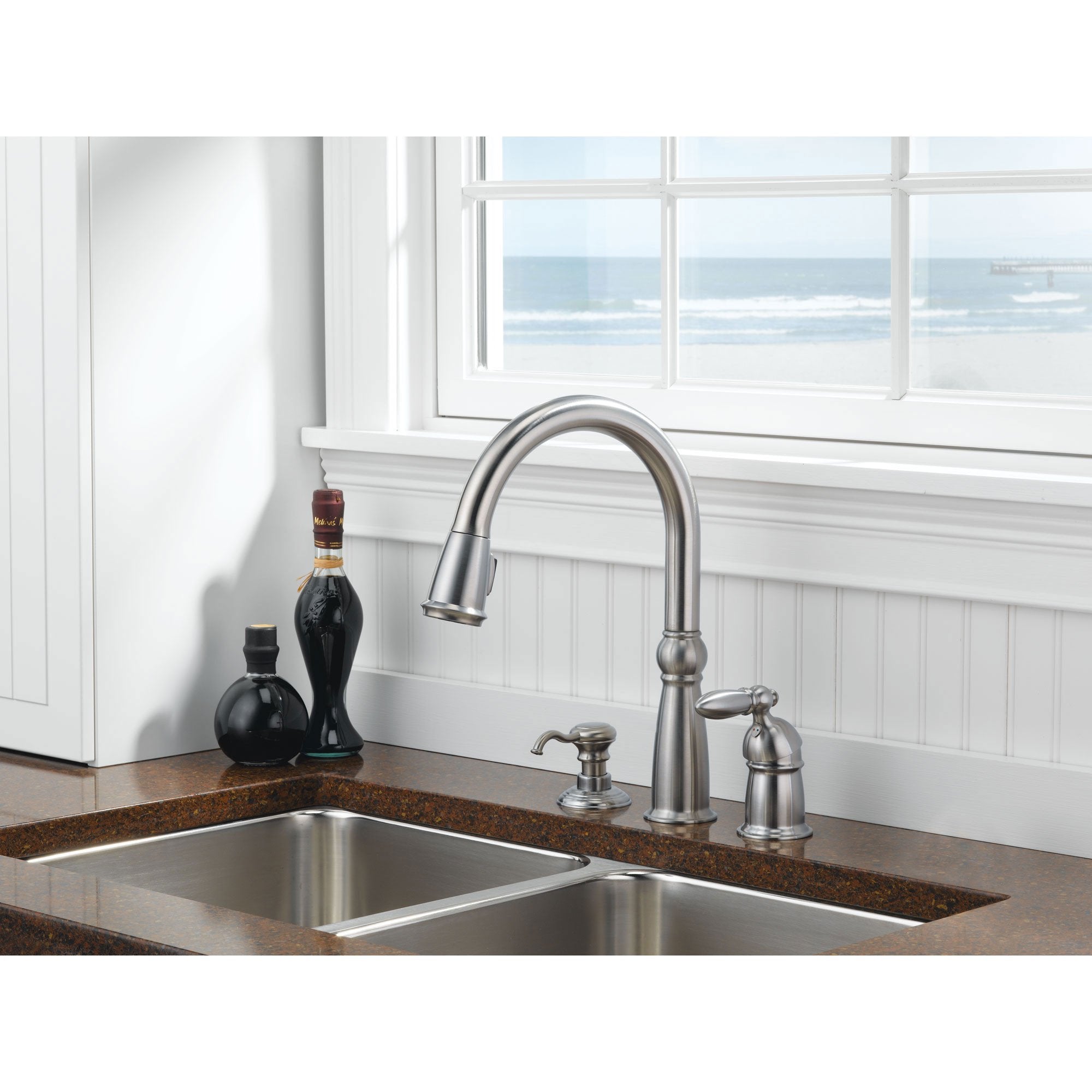 Delta Victorian Collection Stainless Steel Finish Single Handle Pull Down Kitchen Sink Faucet and Soap Dispenser Package D025CR