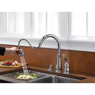 Delta Leland Collection Chrome Finish Single Handle Pull Down Kitchen Sink Faucet and Soap Dispenser Package D026CR