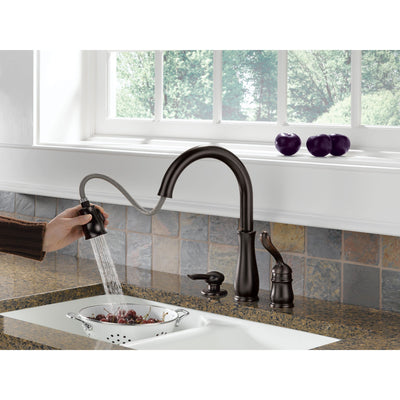 Delta Leland Collection Venetian Bronze Finish Single Handle Pull Down Kitchen Sink Faucet and Soap Dispenser Package D027CR