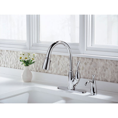 Delta Chrome Finish Allora Collection Single Handle Pull Down Kitchen Sink Faucet and Soap Dispenser Package D036CR