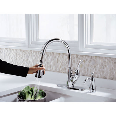 Delta Chrome Finish Allora Collection Single Handle Pull Down Kitchen Sink Faucet and Soap Dispenser Package D036CR