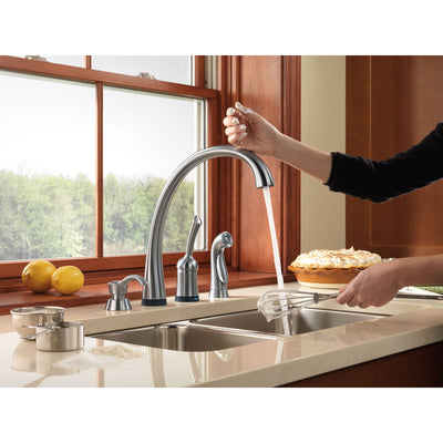 Delta Arctic Stainless Finish Pilar Single Handle Kitchen Faucet with Touch2O Technology and Side Spray and Deck Mount Soap Dispenser Package D070CR