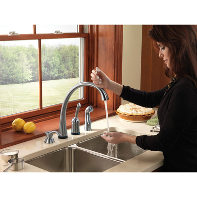 Delta Arctic Stainless Finish Pilar Single Handle Kitchen Faucet with Touch2O Technology and Side Spray and Deck Mount Soap Dispenser Package D070CR