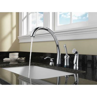 Delta Chrome Finish Pilar Collection Single Handle Kitchen Faucet with Touch2O Technology and Side Spray and Deck Mount Soap Dispenser Package D071CR