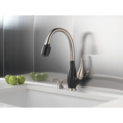 Delta Fuse Collection Stainless Steel and Black Finish Single Handle Pull Down Kitchen Sink Faucet and Deck Mounted Soap Dispenser Package D074CR