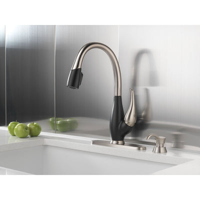 Delta Fuse Collection Stainless Steel and Black Finish Single Handle Pull Down Kitchen Sink Faucet and Deck Mounted Soap Dispenser Package D074CR