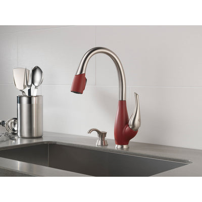 Delta Fuse Collection Stainless Steel and Red Finish Single Handle Pull Down Kitchen Sink Faucet and Deck Mounted Soap Dispenser Package D075CR