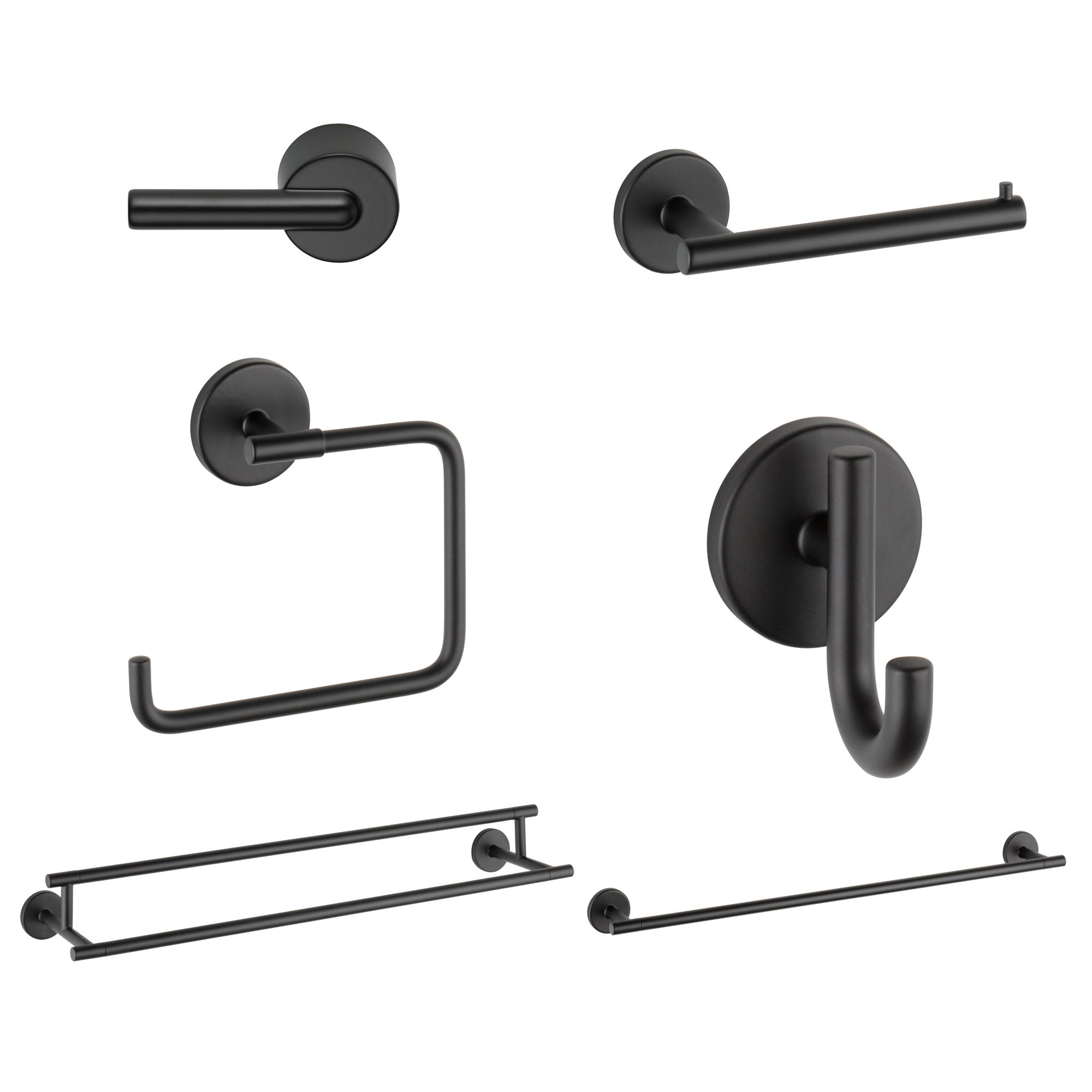 Delta Trinsic Matte Black DELUXE Accessory Set: 24" Towel Bar, Paper Holder, Towel Ring, Robe Hook, Tank Lever, & 24" Double Towel Bar D10015AP