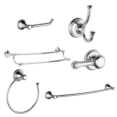 Delta Cassidy Chrome DELUXE Accessory Set Includes: 24" Towel Bar, Paper Holder, Towel Ring, Robe Hook, Tank Lever, & 24" Double Towel Bar D10018AP