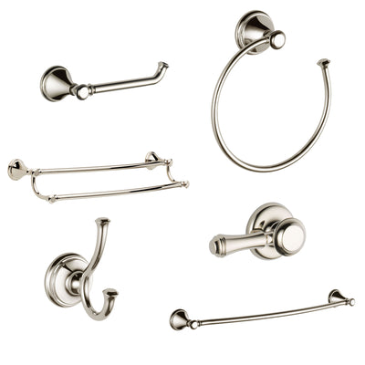 Delta Cassidy Polished Nickel DELUXE Accessory Set: 24" Towel Bar, Paper Holder, Towel Ring, Robe Hook, Tank Lever, & 24" Double Towel Bar D10024AP