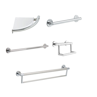 Delta Bath Safety Contemporary Chrome DELUXE Bathroom Grab Bar Accessory Set: 24" Double Bar, Corner Shelf, TP Holder, 18" and 36" Single Bar D10109AP