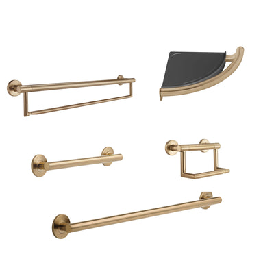 Delta Bath Safety Champagne Bronze DELUXE Accessory Set Includes: 18" and 36" Single Grab Bar, Corner Shelf, TP Holder, 24" Double Bar D10111AP