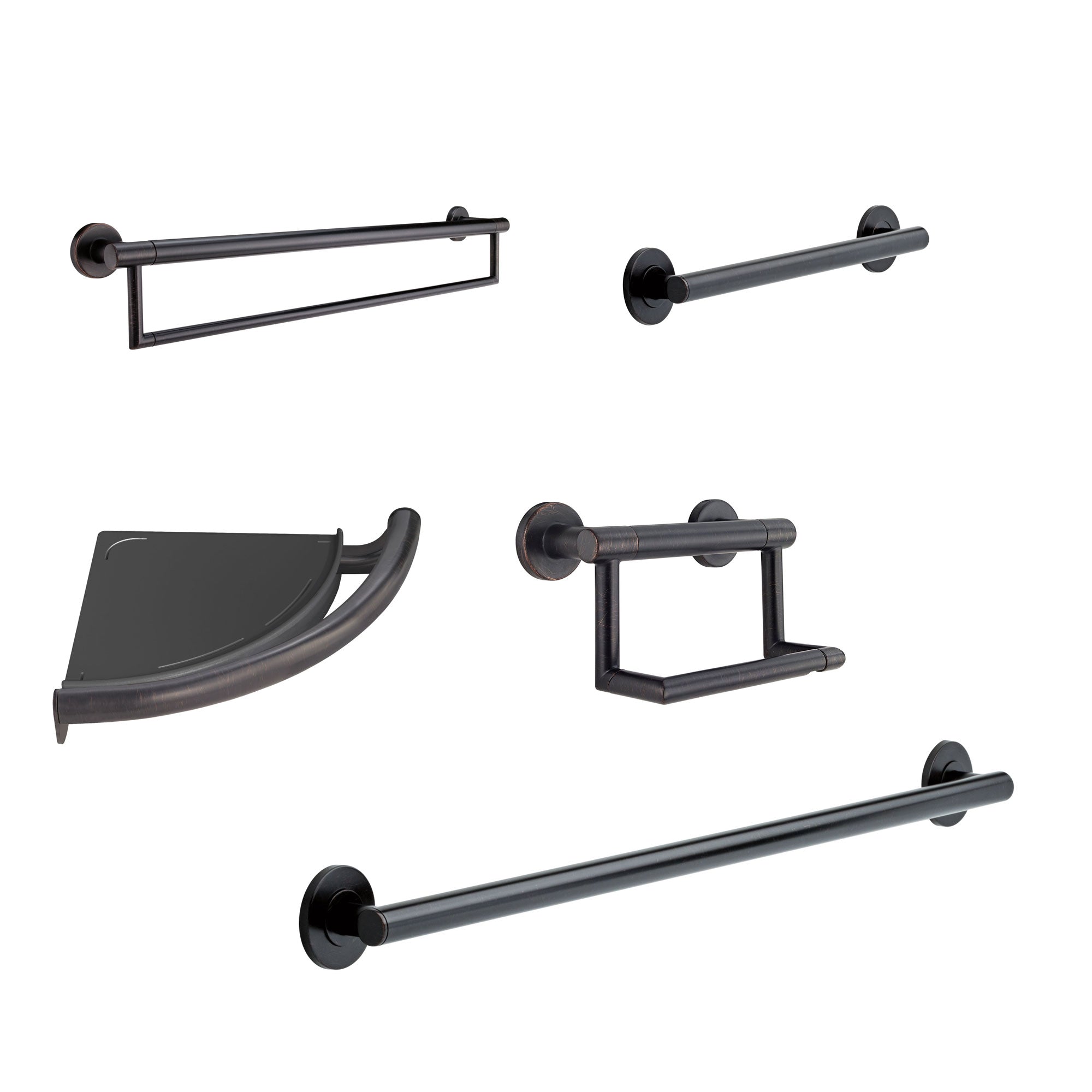 Delta Bath Safety Venetian Bronze DELUXE Bathroom Accessory Set with: 18" and 36" Single Grab Bar, Corner Shelf, TP Holder, 24" Double Bar D10115AP