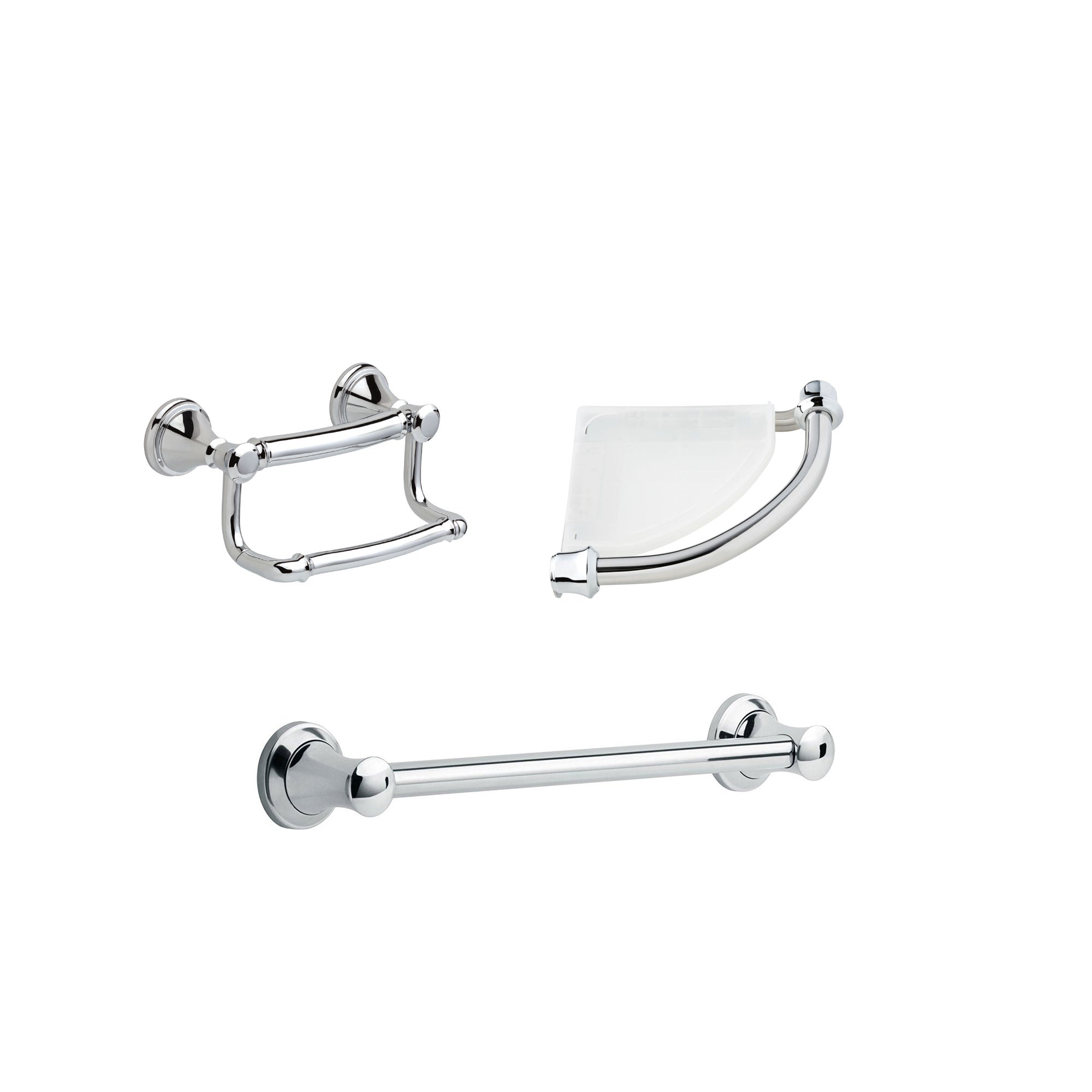 Delta Bath Safety Chrome BASICS Bathroom Accessory Set Includes: 18" Grab Bar, Corner Shower Shelf, Paper Holder with Assist Grab Bar D10116AP