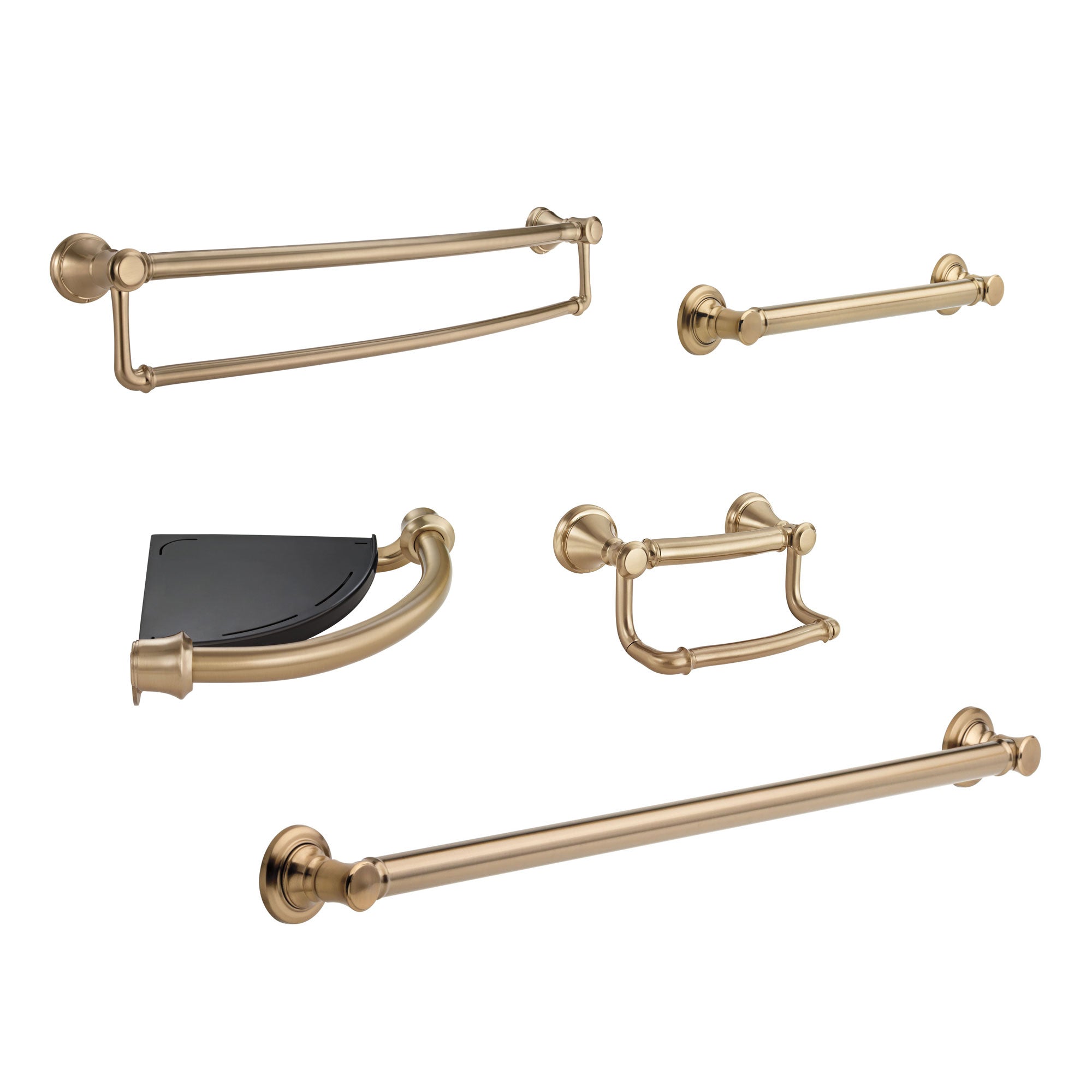 Delta Bath Safety Champagne Bronze DELUXE Bathroom Accessory Set with: 18" and 36" Single Grab Bar, Corner Shelf, TP Holder, 24" Double Bar D10119AP