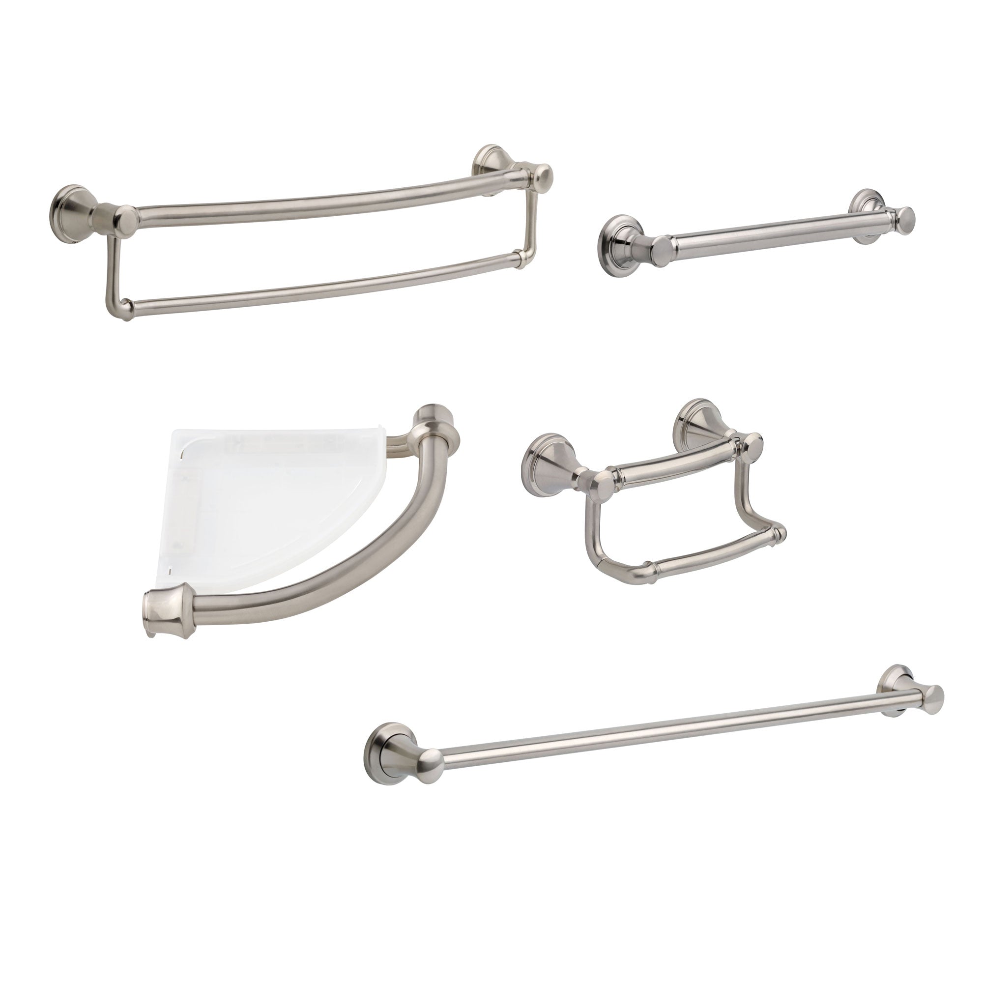 Delta Bath Safety Stainless Steel Finish DELUXE Accessory Set Includes: 18" and 36" Single Grab Bar, Corner Shelf, TP Holder, 24" Double Bar D10121AP