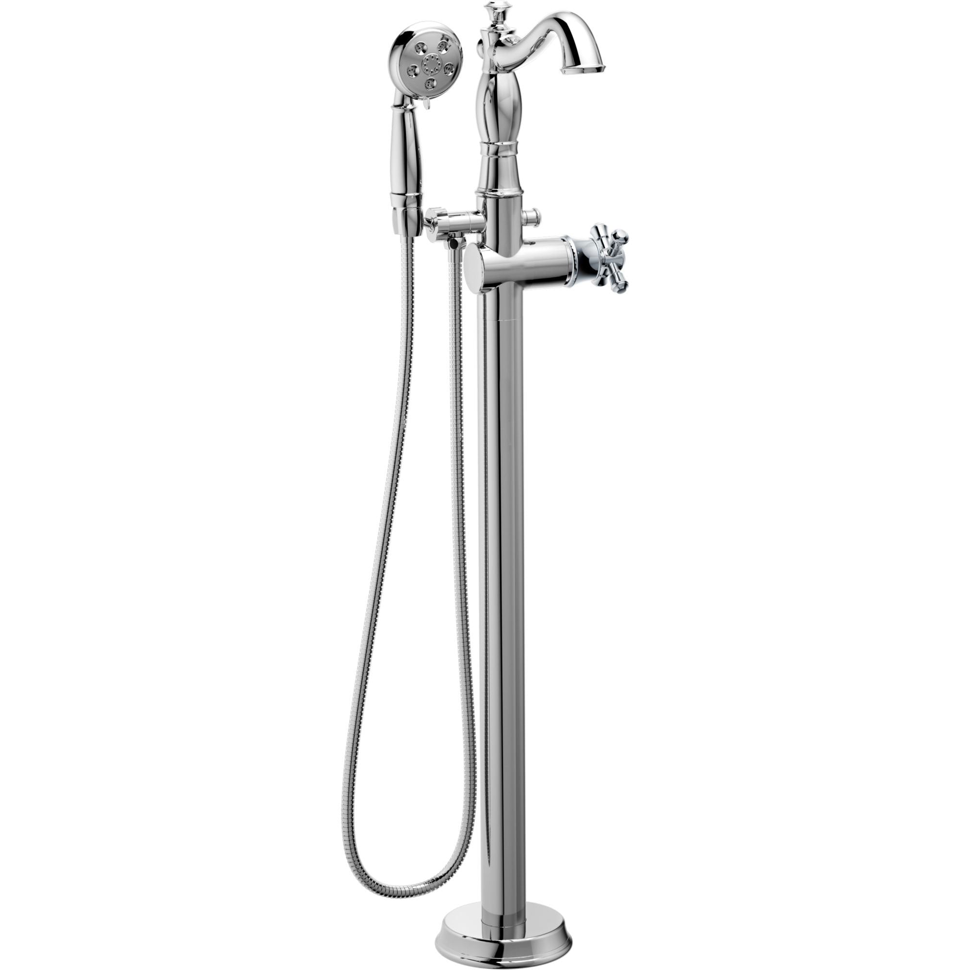 Delta Traditional Chrome Floor Mount Tub Filler Faucet with Hand Shower Spray INCLUDES Valve and Metal Cross Handle D1054V