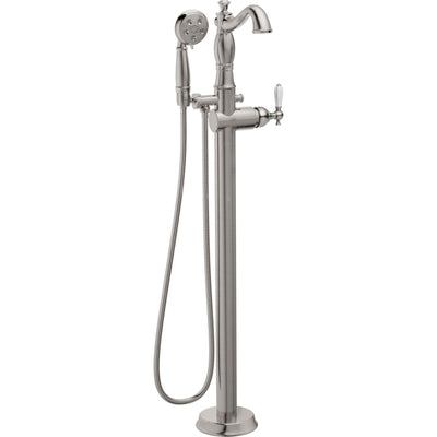 Delta Traditional Stainless Steel Finish Floor Mount Tub Filler Faucet with Hand Shower Spray INCLUDES Valve and Porcelain Lever Handle D1065V