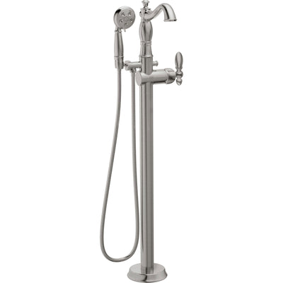 Delta Traditional Stainless Steel Finish Floor Mount Tub Filler Faucet with Hand Shower Spray INCLUDES Valve and Metal Lever Handle D1066V