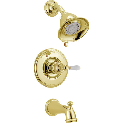 Delta Traditional Victorian Polished Brass Finish 14 Series Tub and Shower Faucet Combo INCLUDES Rough-in Valve with Stops and White Lever Handle D1185V